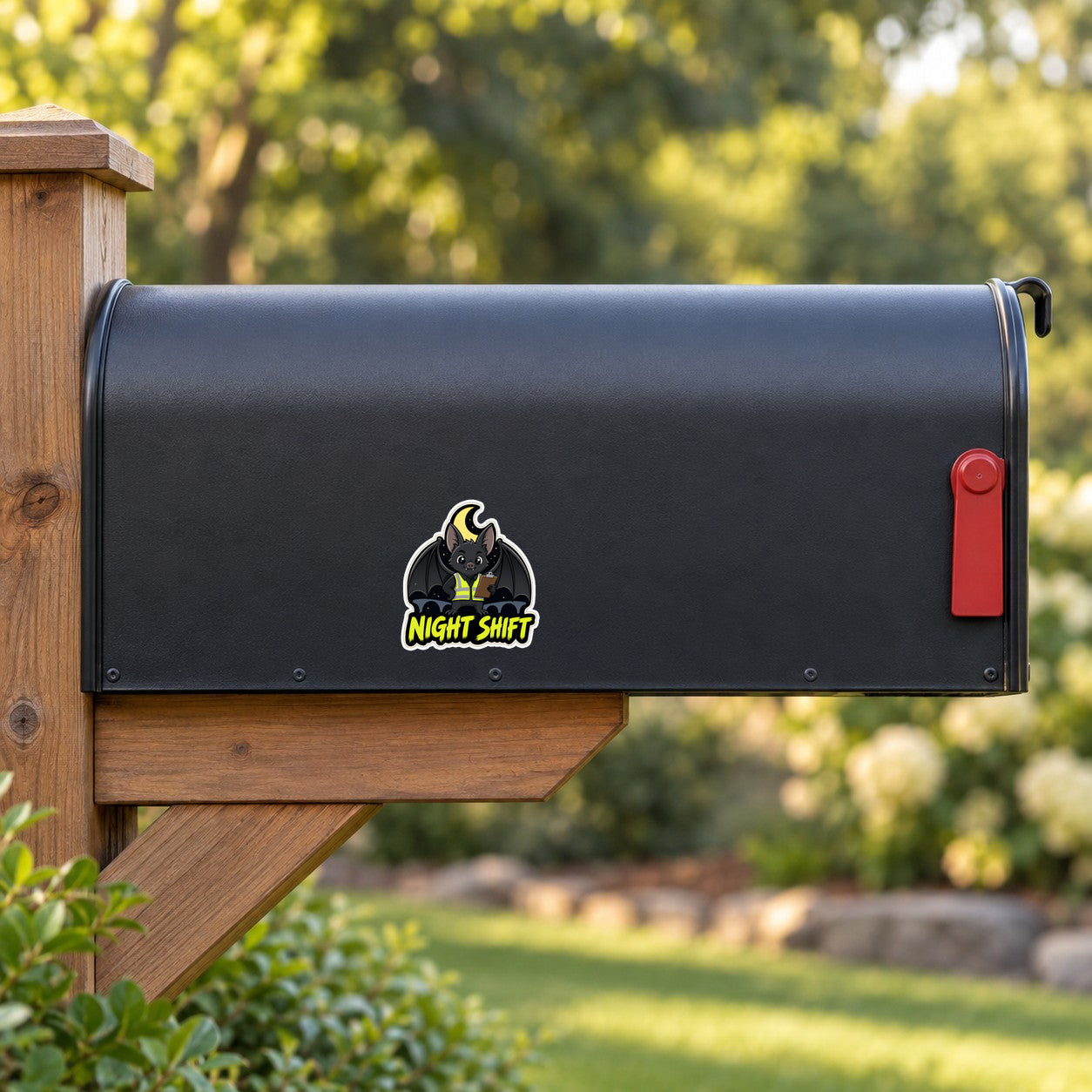 Night Shift bat supervisor sticker on a dark mailbox panel