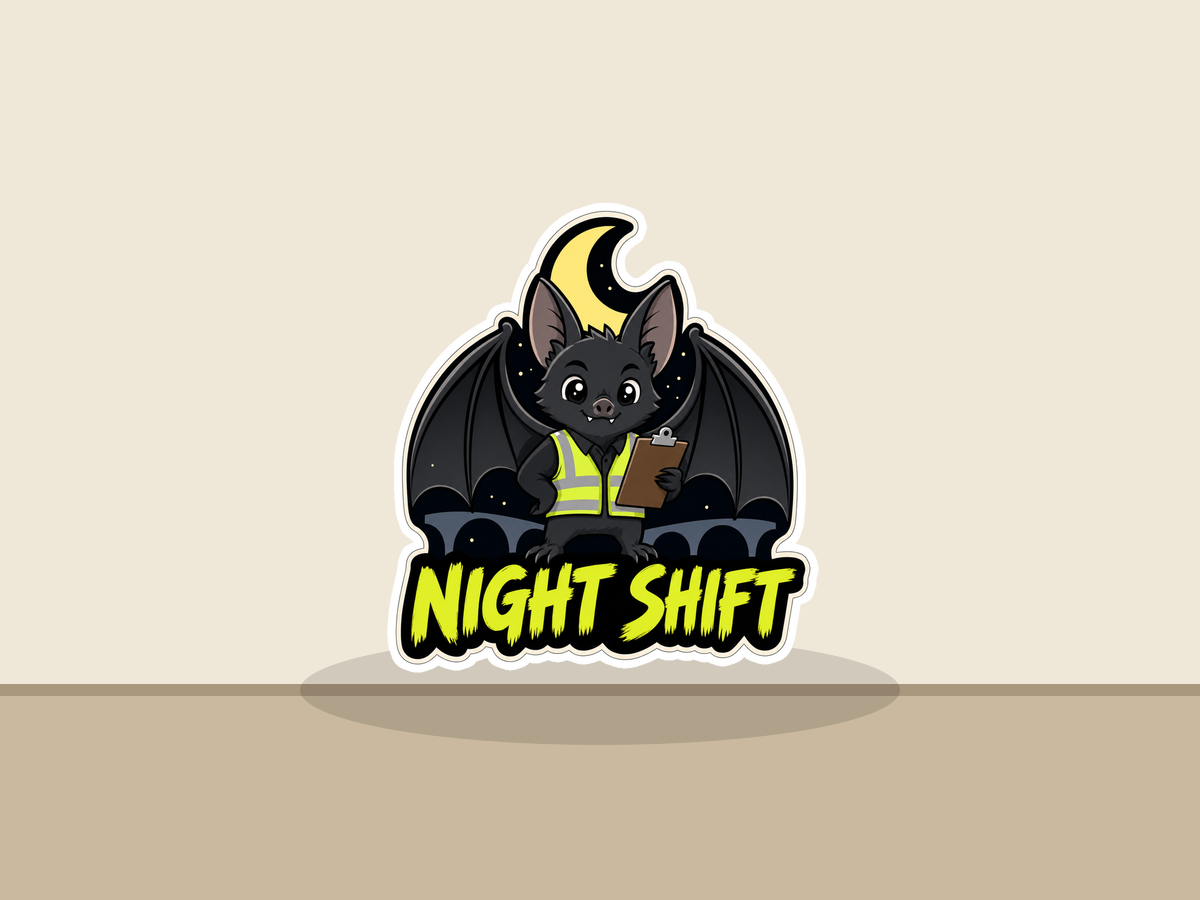 Night Shift bat supervisor sticker featuring black bat in hi-vis vest and clipboard