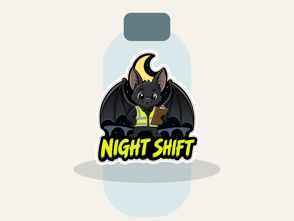Night Shift bat supervisor sticker, black bat with yellow vest and clipboard under arched head