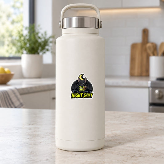 Night Shift bat supervisor sticker on a white insulated water bottle