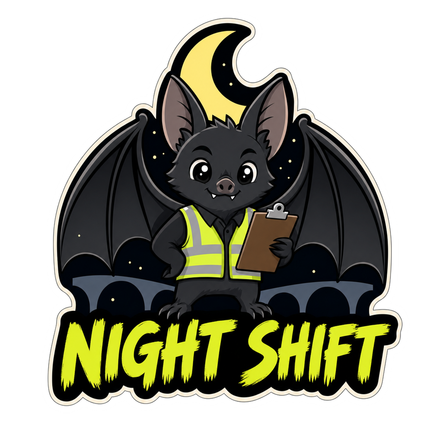 Night Shift bat supervisor die-cut sticker, black bat in hi-vis vest holding clipboard