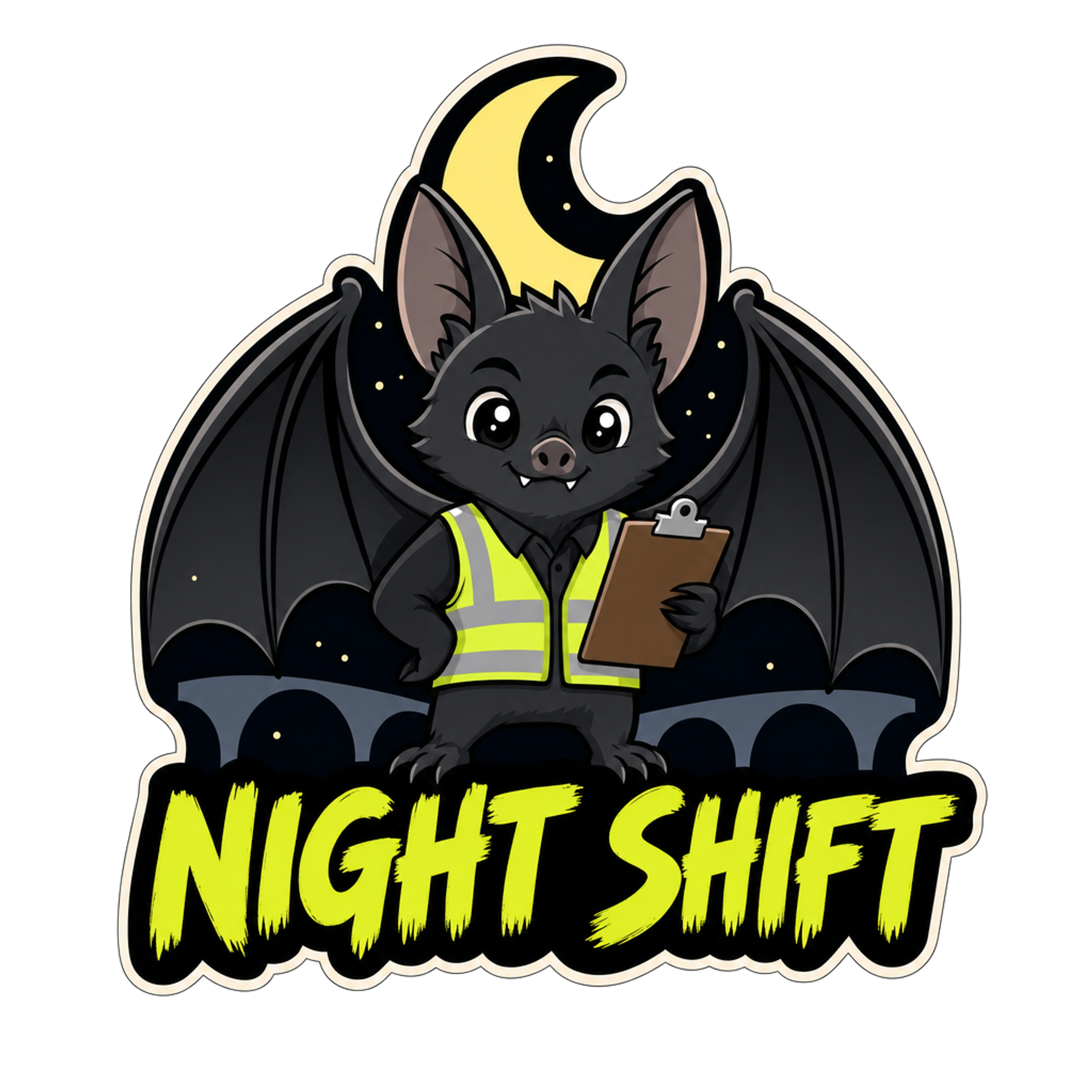 Night Shift bat supervisor die-cut sticker, black bat in hi-vis vest holding clipboard