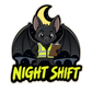 Night Shift bat supervisor die-cut sticker, black bat in hi-vis vest holding clipboard