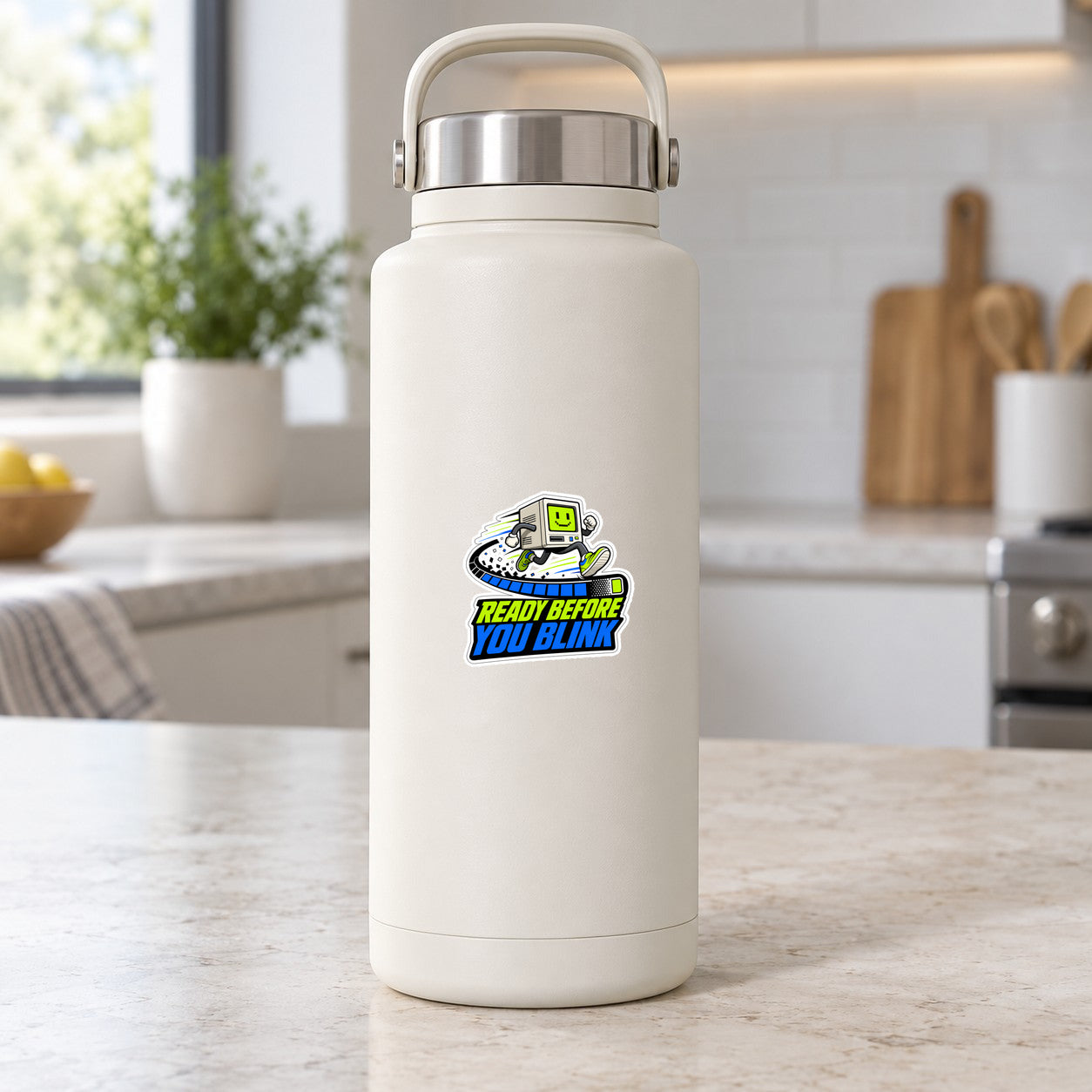 Boot Sequence Sprinter Sticker, 2.5 inch size shown at realistic scale on water bottle