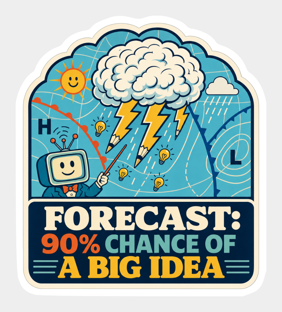 Weather report vinyl sticker with a cartoon storm, sun, lightning bolts and forecast text