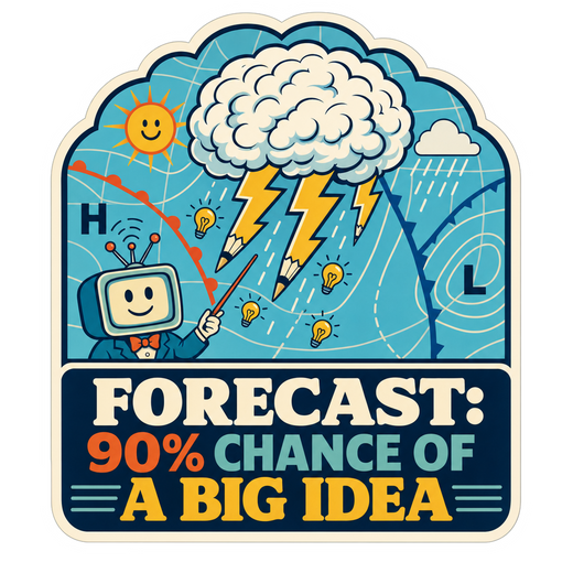 Die-cut weather report sticker with cloud, lightning, sun and '90% chance of a big idea'
