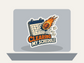 Die-cut sticker with calendar page, rocket flame icon and "Clearing my schedule" lettering
