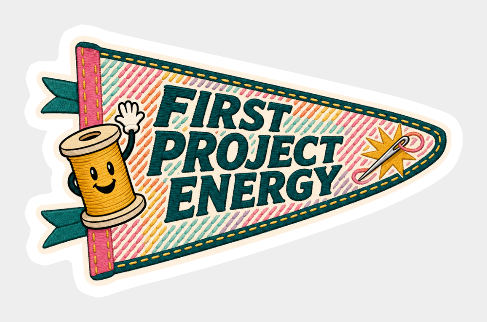 Pennant-shaped vinyl sticker with a smiling spool and “First Project Energy” text