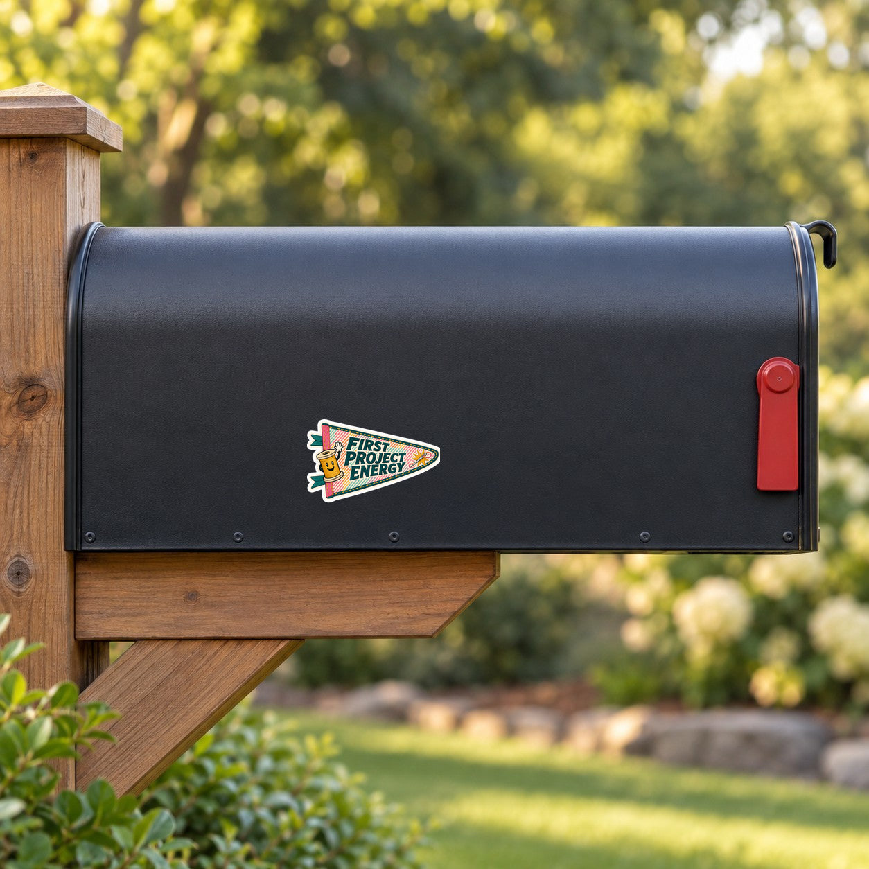 Small 'First Project Energy' logo sticker on dark mailbox