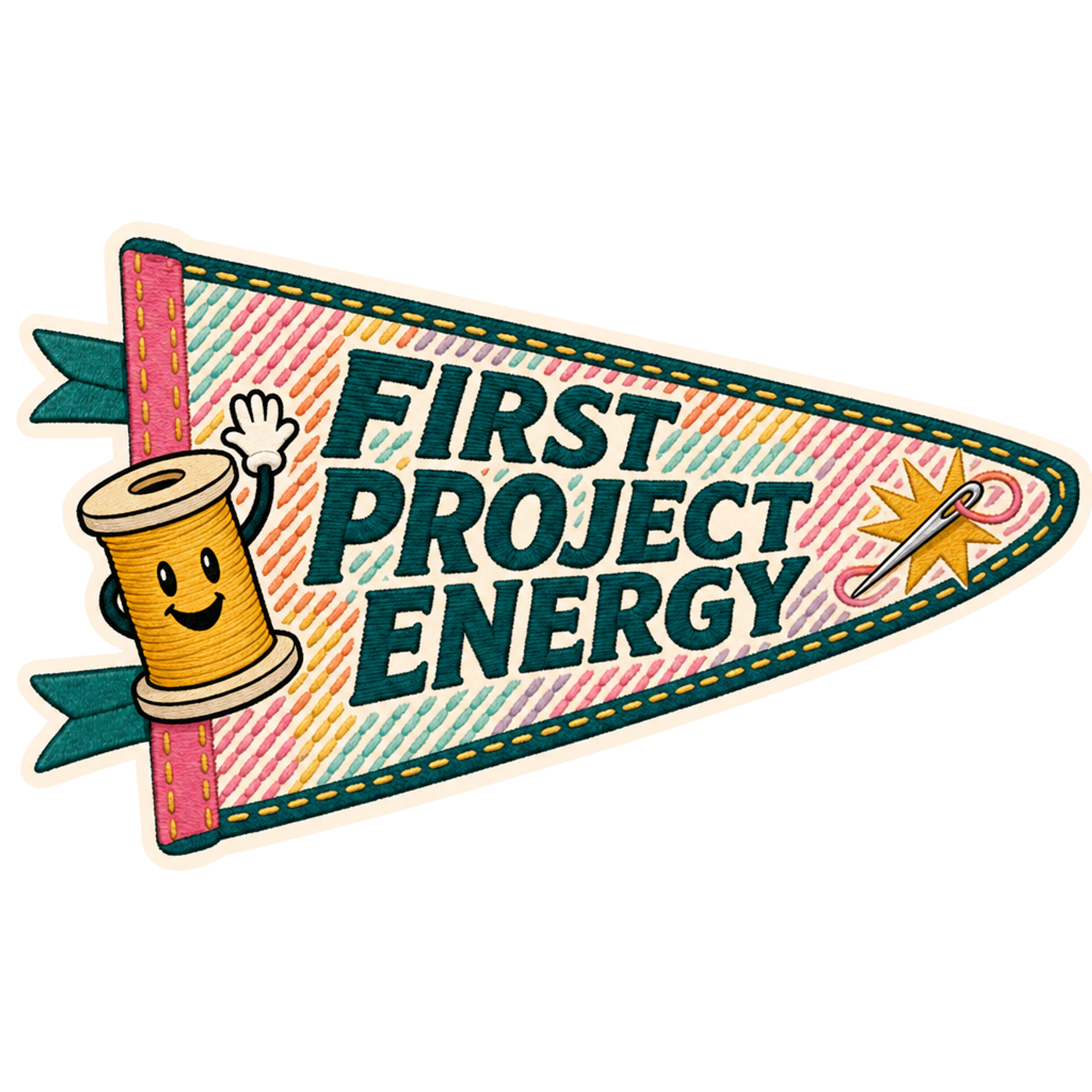 Colorful 'First Project Energy' stitched patch sticker with yellow spool icon