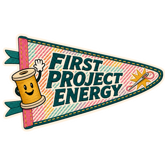 Colorful 'First Project Energy' stitched patch sticker with yellow spool icon