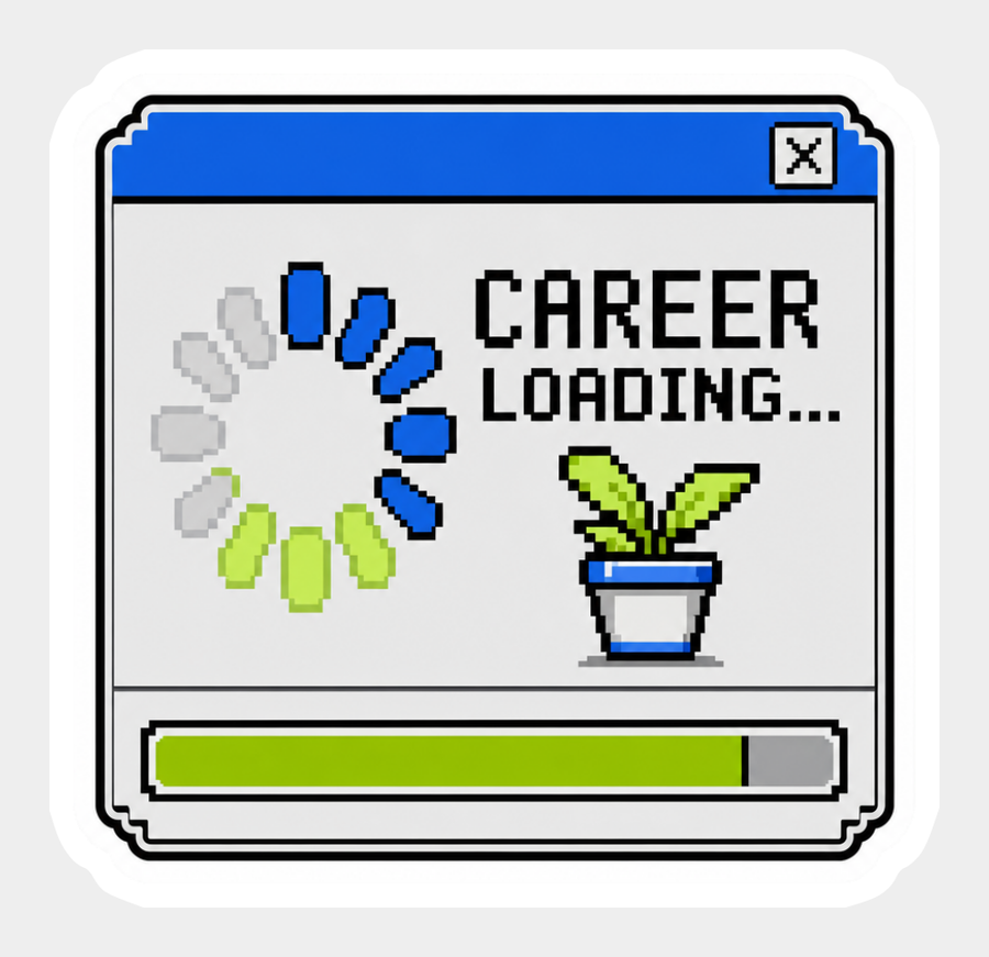 Career Loading pixel art vinyl sticker with a progress bar, spinner, and sprouting plant