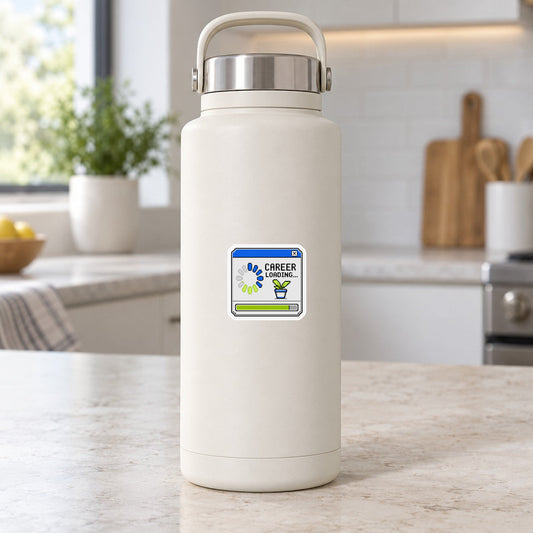 Career loading spinner sticker on a white water bottle, small square blue-and-green logo