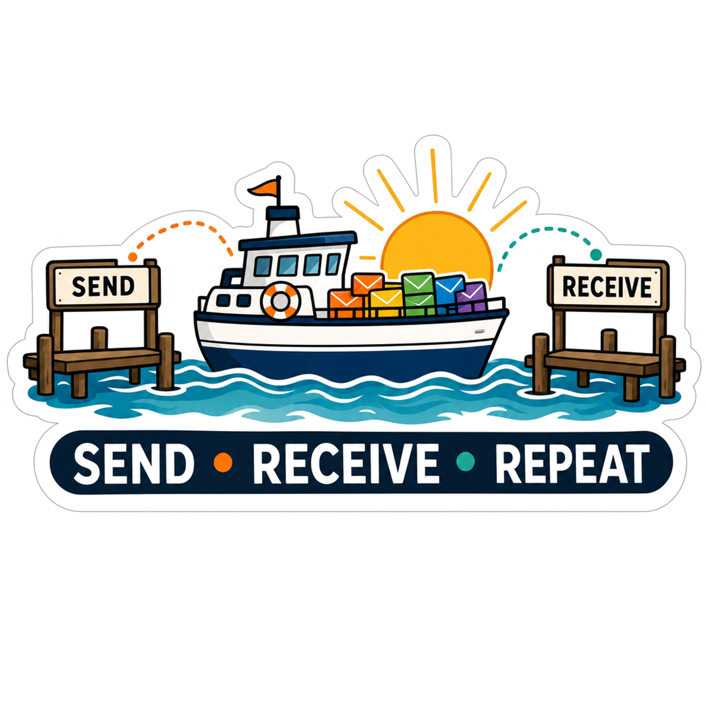 Send Receive Repeat sticker with boat and dock illustration, white border