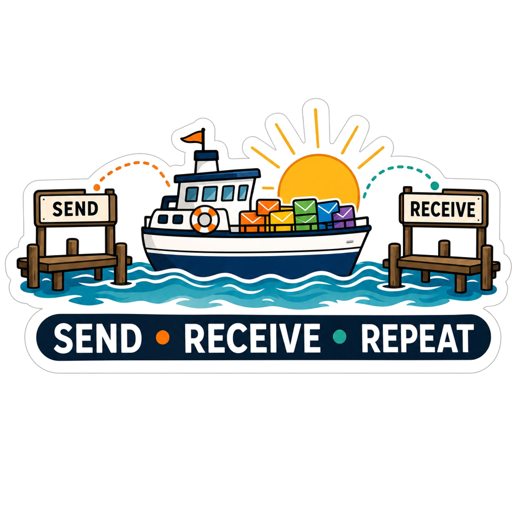 Send Receive Repeat sticker with boat and dock illustration, white border