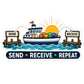 Send Receive Repeat sticker with boat and dock illustration, white border