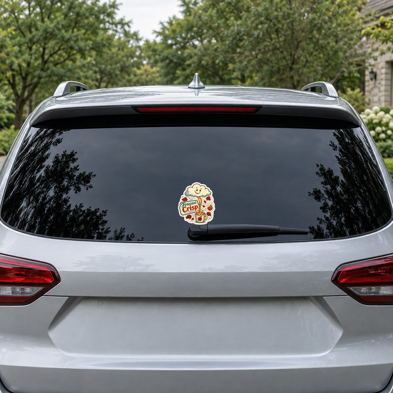 Cider Weather Department Sticker, 5 inch size shown at realistic scale on car rear window