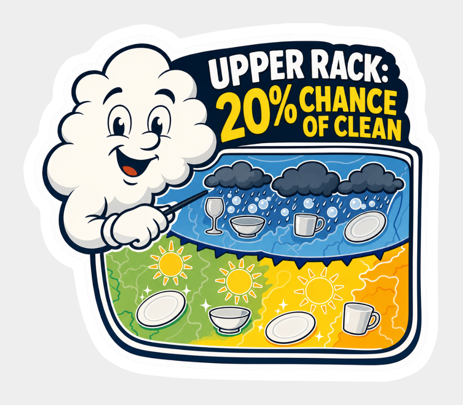 Vinyl sticker with a smiling cloud and colorful dishwashing weather forecast graphic.