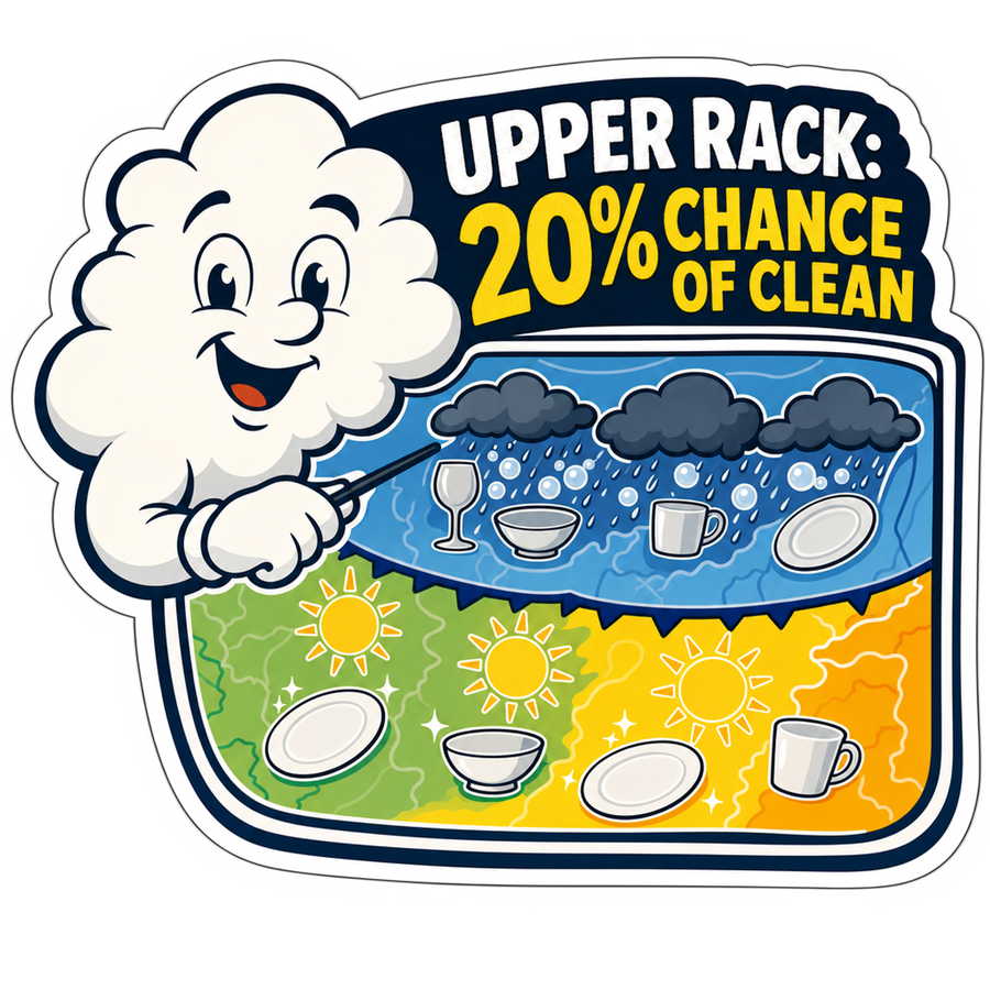 Die-cut weather report sticker with cartoon cloud character and colorful “UPPER RACK” text