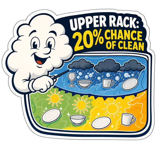 Die-cut weather report sticker with cartoon cloud character and colorful “UPPER RACK” text
