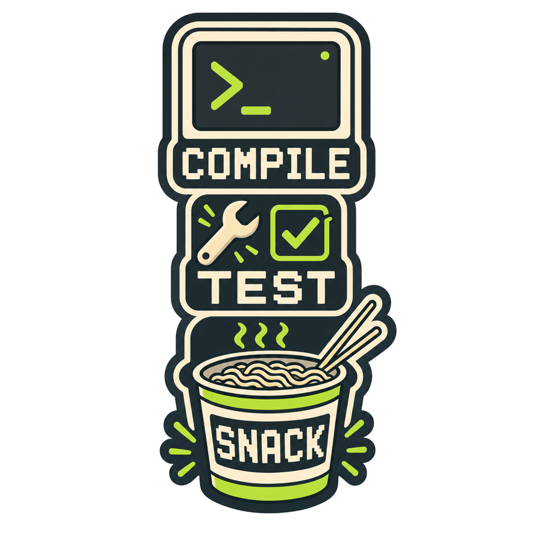 “Compile Test Snack” sticker with pixel-style icons in green and black