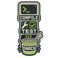 “Compile Test Snack” sticker with pixel-style icons in green and black