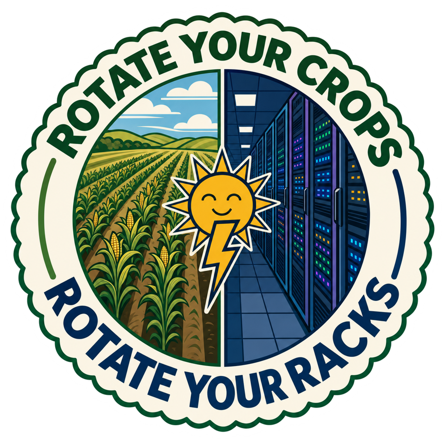 Round sticker with green border, farm-and-city split graphic and smiling sun lightning icon.