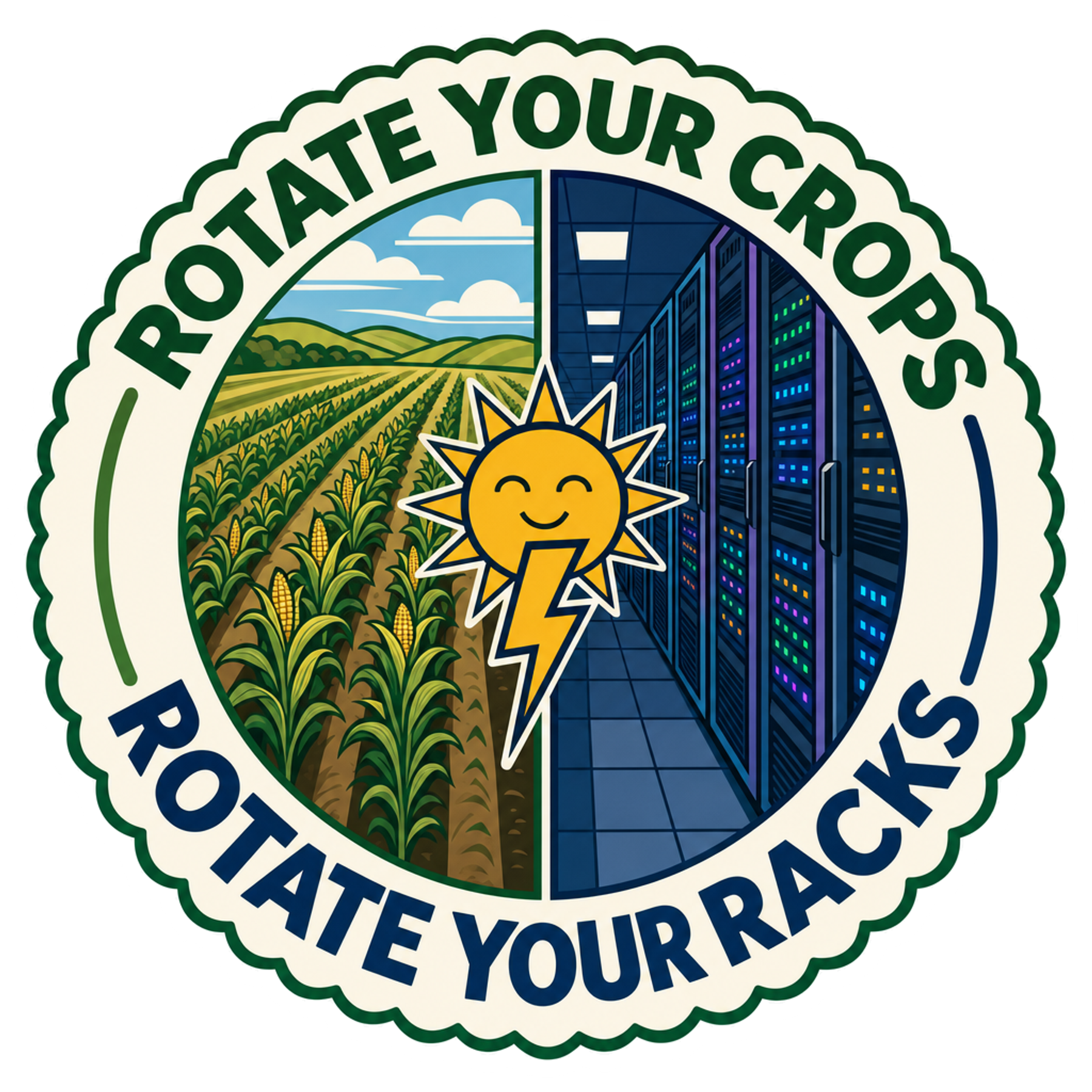 Round sticker with green border, farm-and-city split graphic and smiling sun lightning icon.