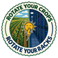 Round sticker with green border, farm-and-city split graphic and smiling sun lightning icon.