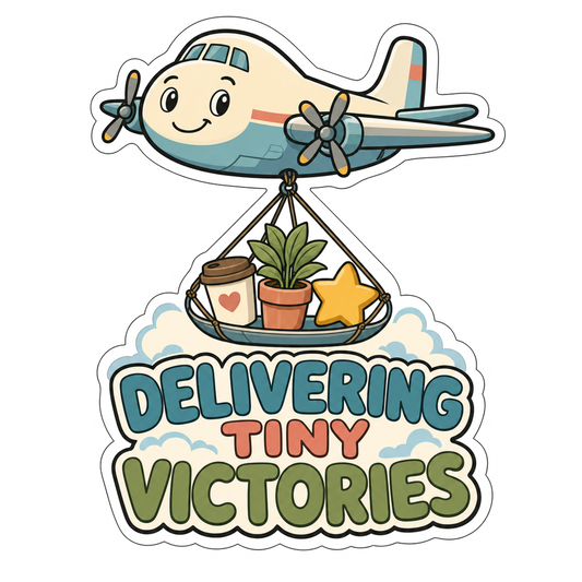 Delivery Tiny Victories sticker with cartoon airplane and 'DELIVERING TINY VICTORIES' text