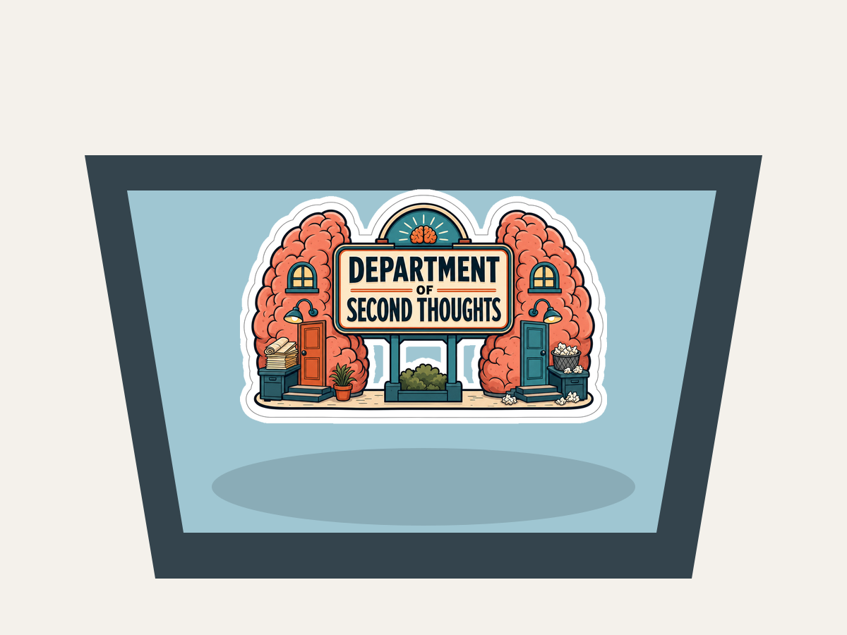 Second Thoughts sticker on wide card label, die-cut border, cartoon building
