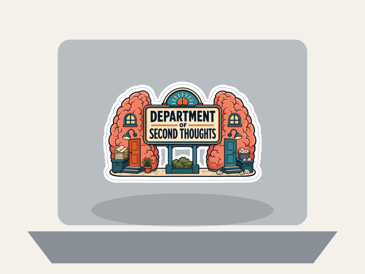 Second Thoughts sticker on gray screen label, die-cut border, cartoon building