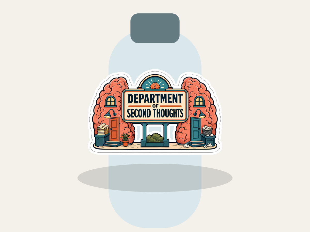 Second Thoughts sticker on bottle label design, die-cut outline
