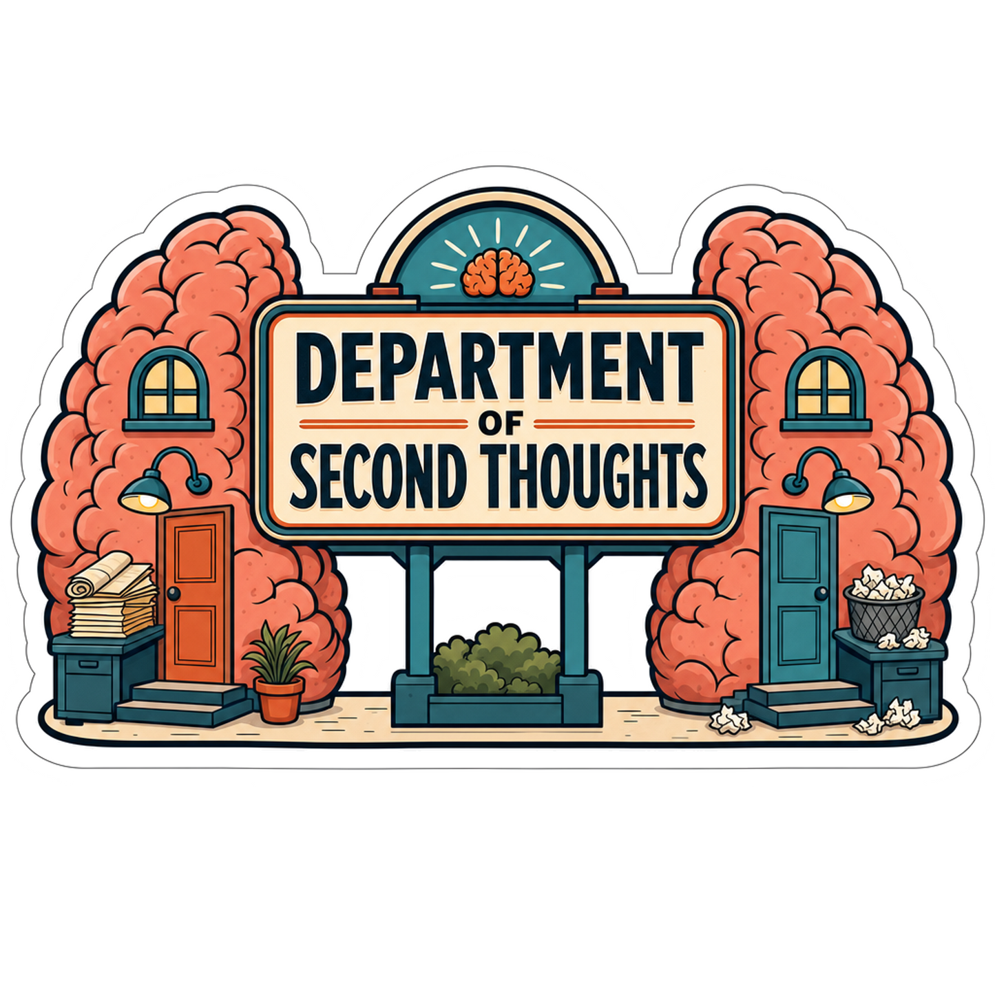 Second Thoughts sticker with cartoon building and orange trees, die-cut outline