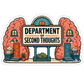 Second Thoughts sticker with cartoon building and orange trees, die-cut outline