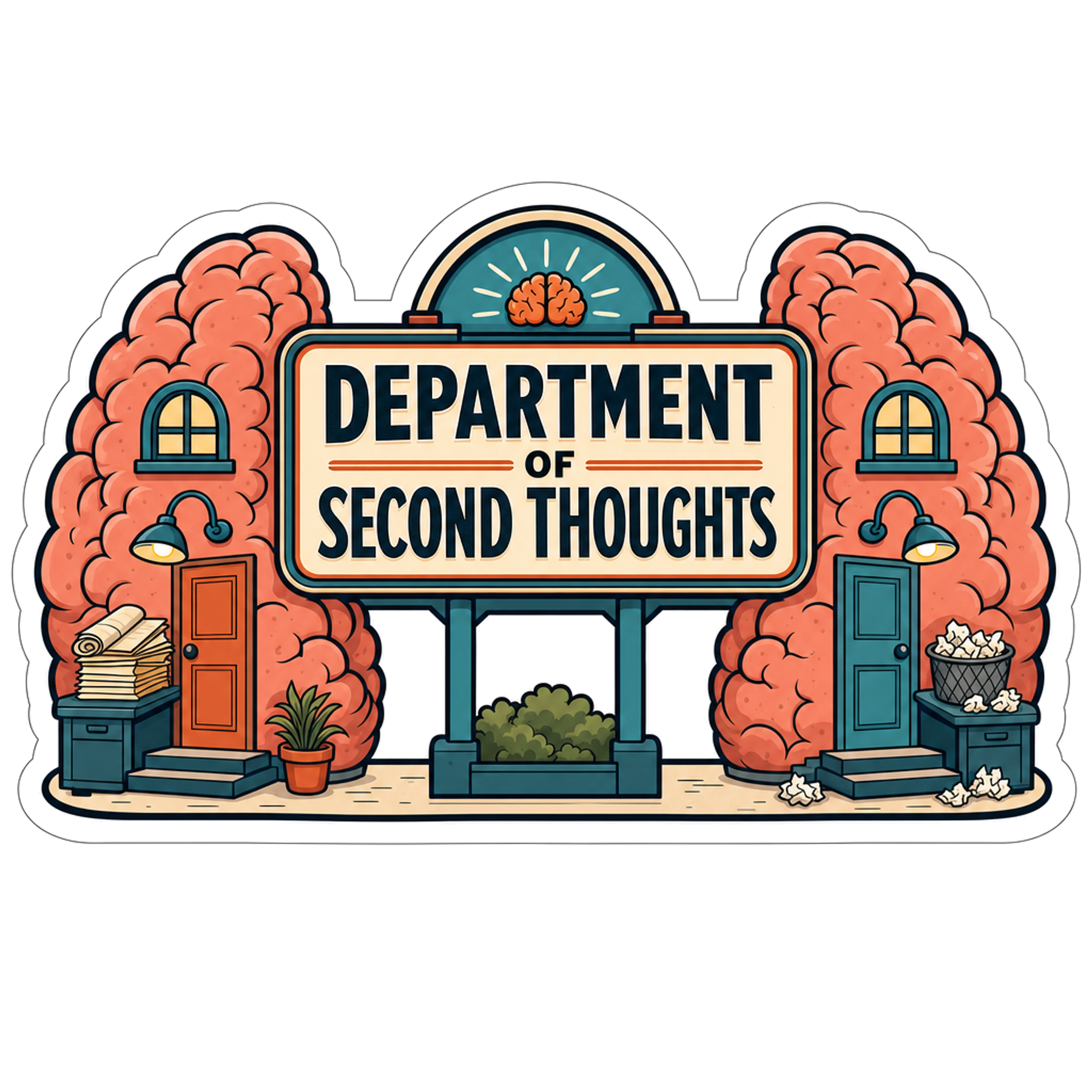 Arched storefront logo sticker with orange tree art and blue lettering