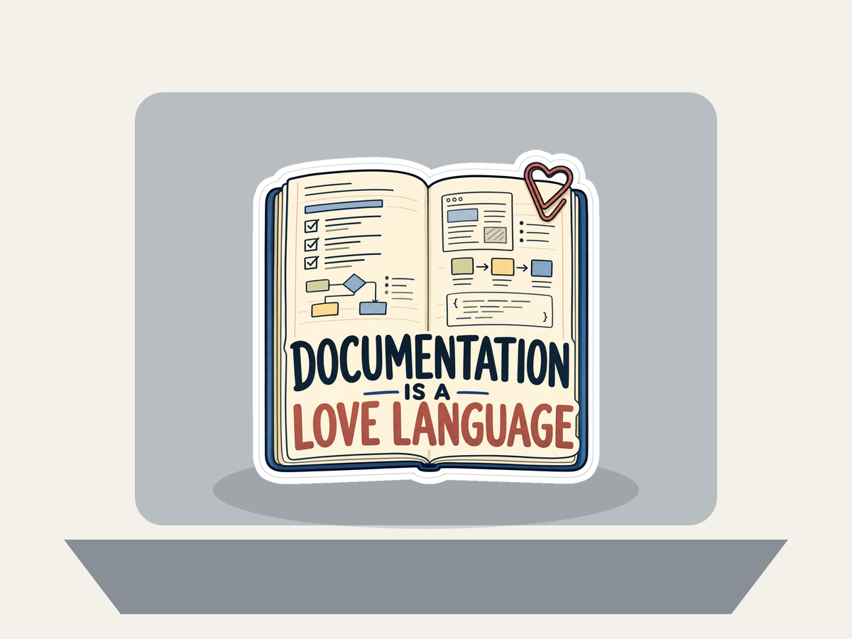 Documentation Is a Love Language Sticker shown on a laptop mockup