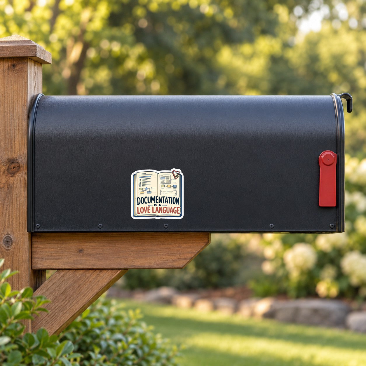 Sticker on navy mailbox front: open-book icon with "Documentation is a Love Language".
