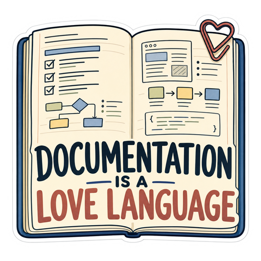 Sticker showing open-book graphic with "Documentation is a Love Language" text.