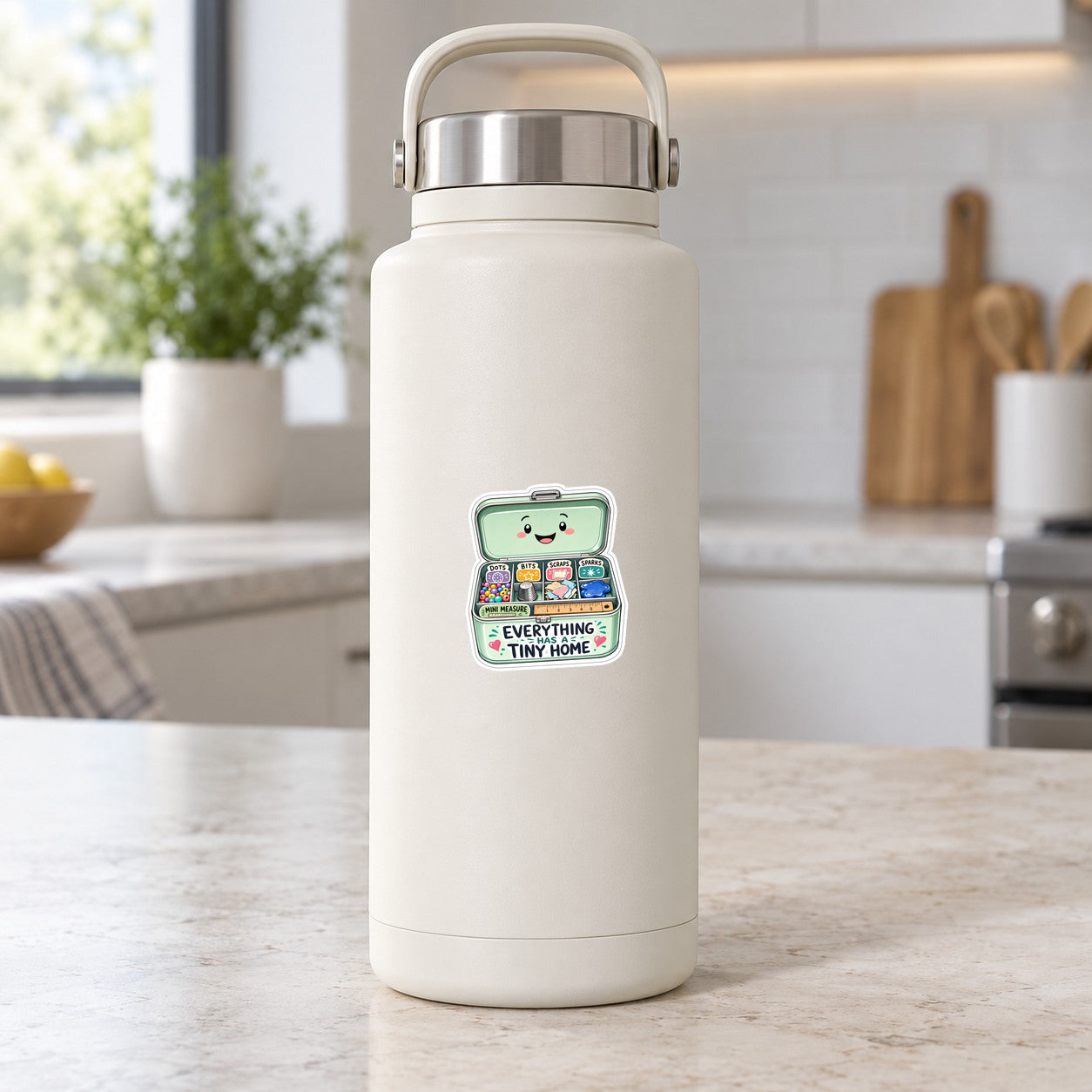 Vinyl sticker with tiny home character and “Everything Has a Tiny Home” on bottle