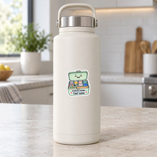 Vinyl sticker with tiny home character and “Everything Has a Tiny Home” on bottle