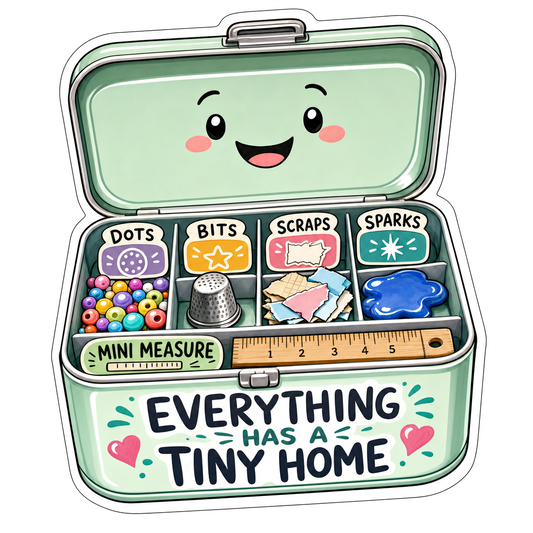 Vinyl sticker with tiny home character and “Everything Has a Tiny Home” text on organizer