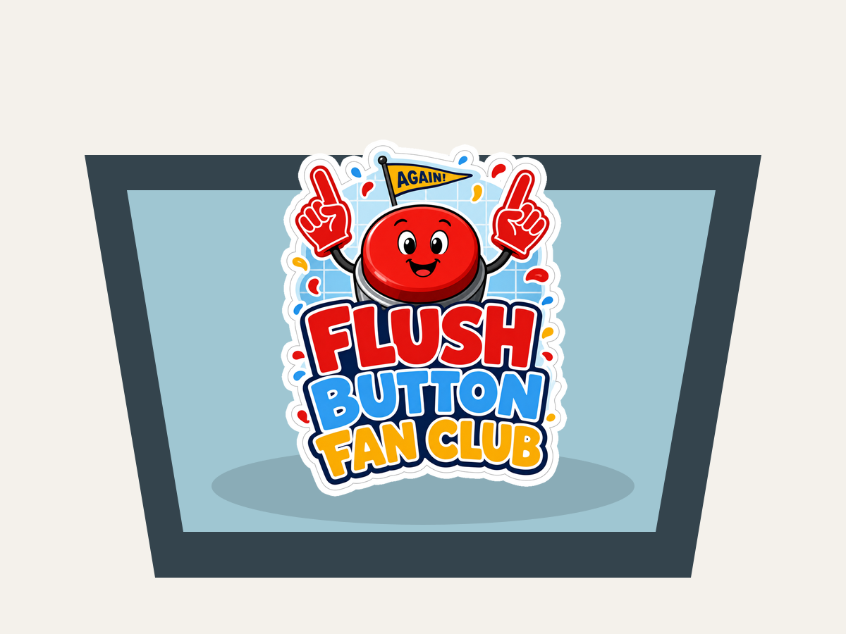Die-cut sticker featuring red button character, crown sign, 'FLUSH BUTTON FAN CLUB'