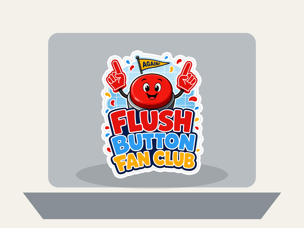 Die-cut sticker with red button mascot, jagged white border, 'FLUSH BUTTON FAN CLUB'