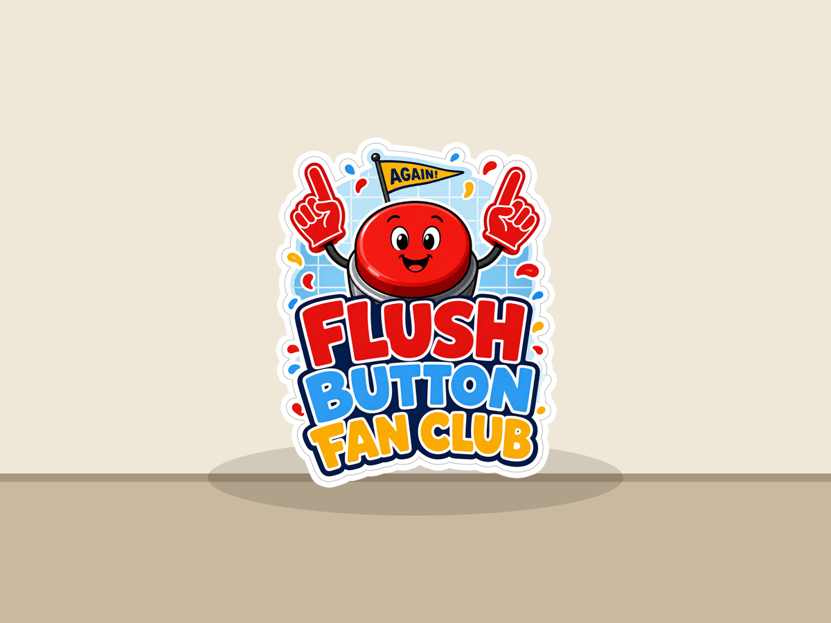 Die-cut sticker showing red button mascot with thumbs up, 'FLUSH BUTTON FAN CLUB' title