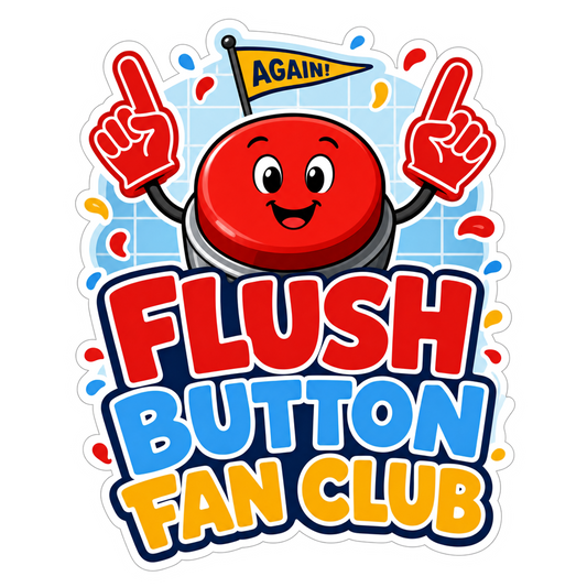 Red and blue FLUSH BUTTON FAN CLUB cartoon sticker with pointing hands and banner