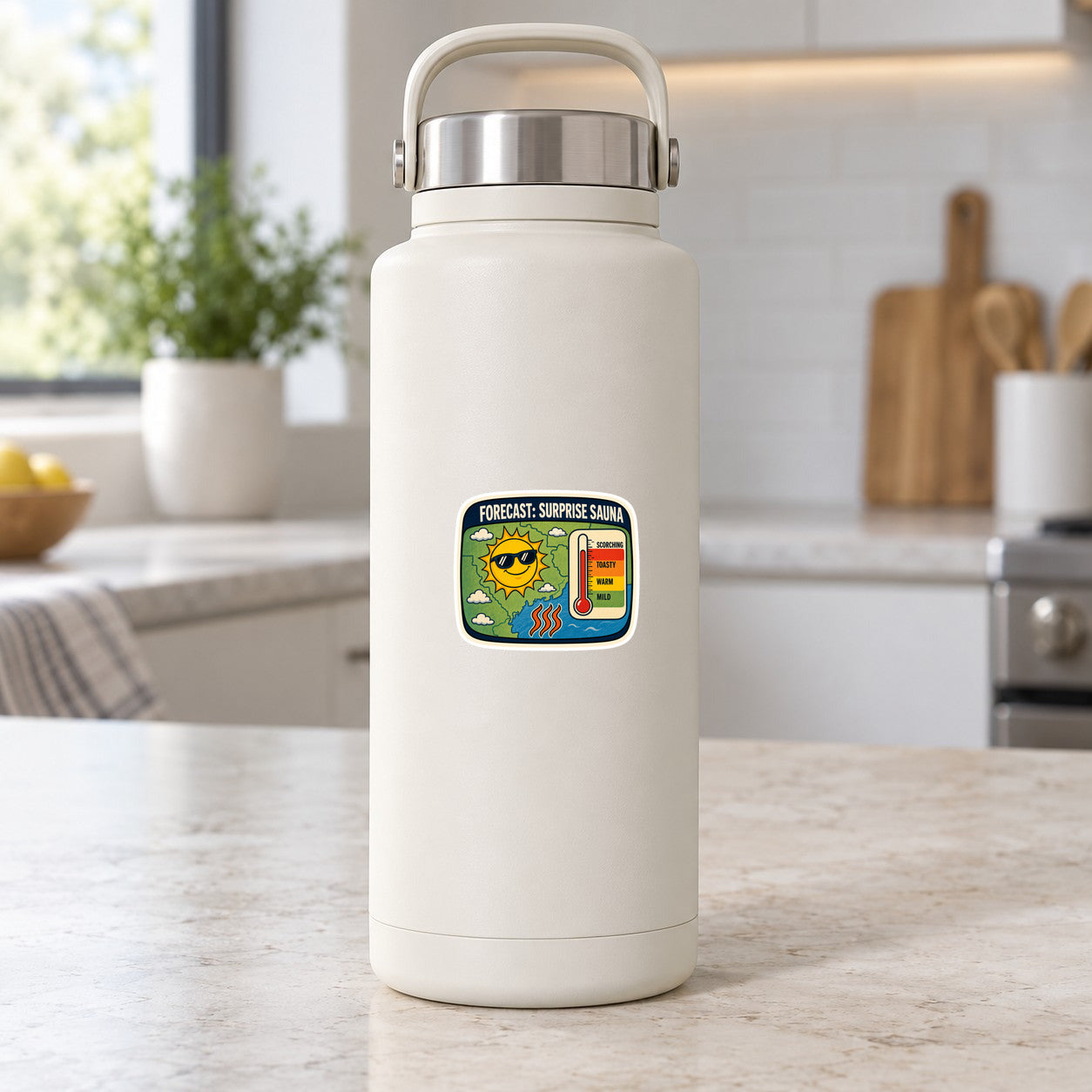 Rectangular sauna-themed sticker on white bottle, sun and red thermometer scale