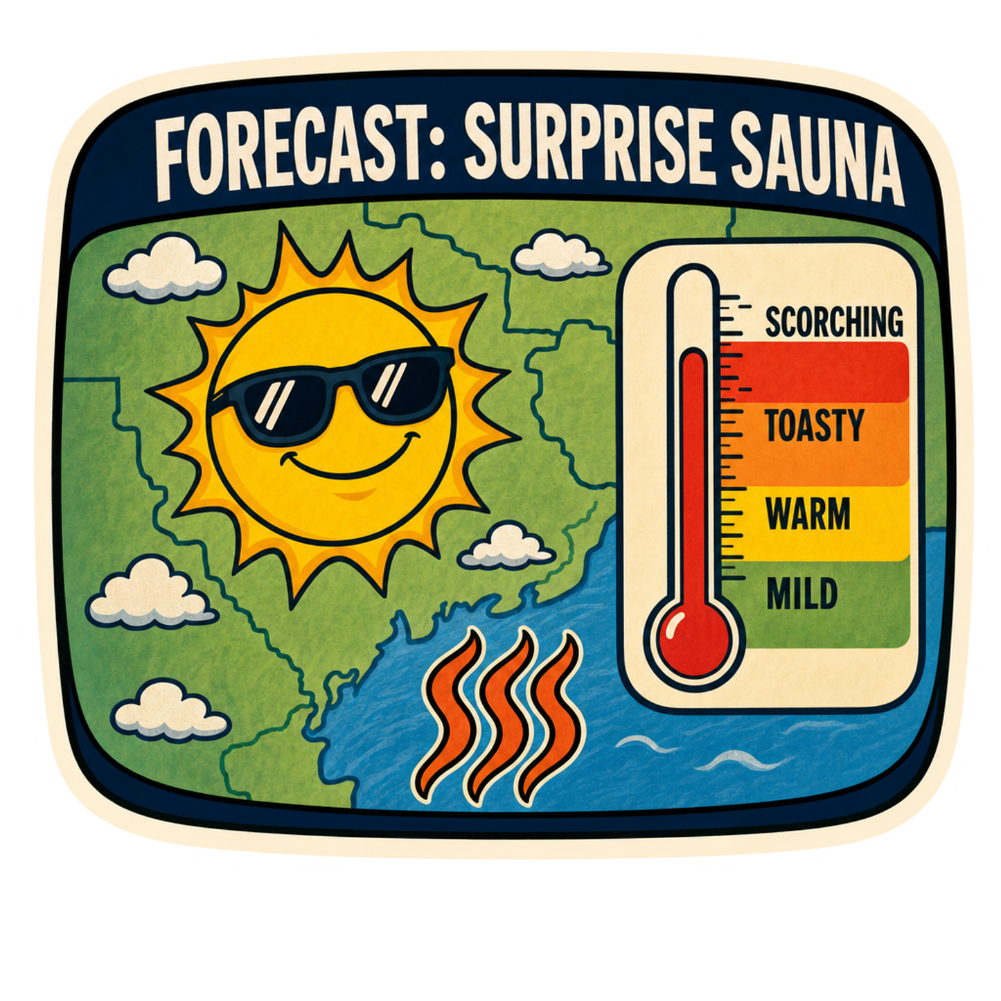 Small rectangular sauna-themed sticker with sun and thermometer heat scale
