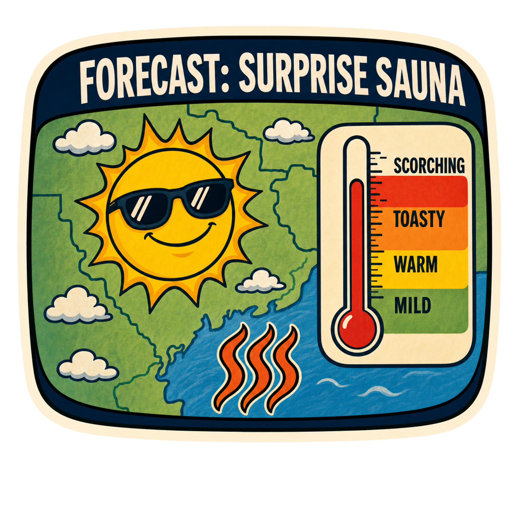 Small rectangular sauna-themed sticker with sun and thermometer heat scale