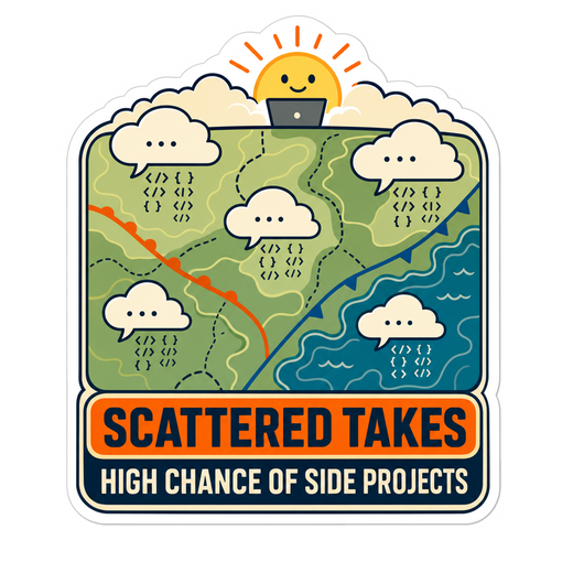 Forum weather report sticker with map art and 'Scattered Takes' headline